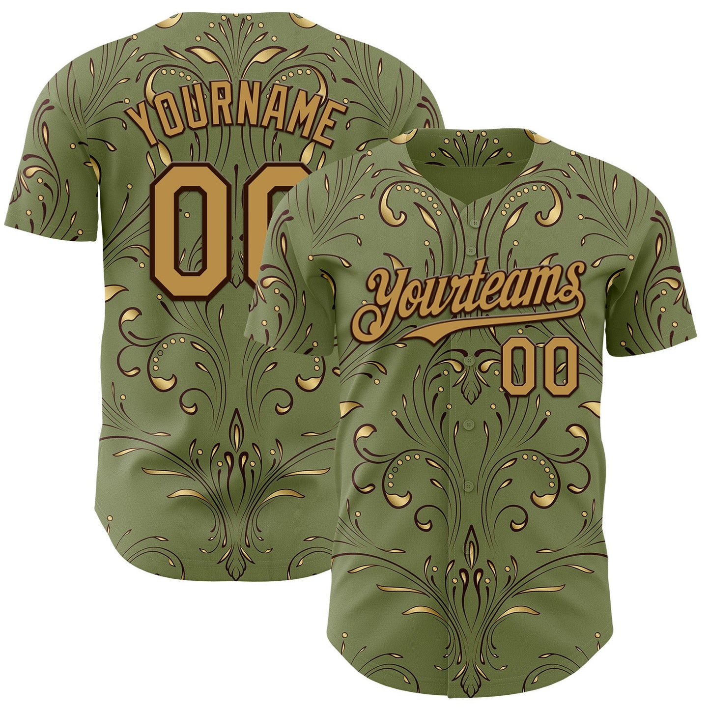 Custom Green Old Gold-Brown Baroque Floral Scroll Authentic Baseball Jersey