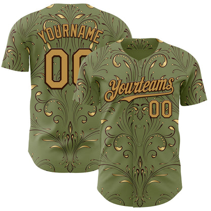 Custom Green Old Gold-Brown Baroque Floral Scroll Authentic Baseball Jersey