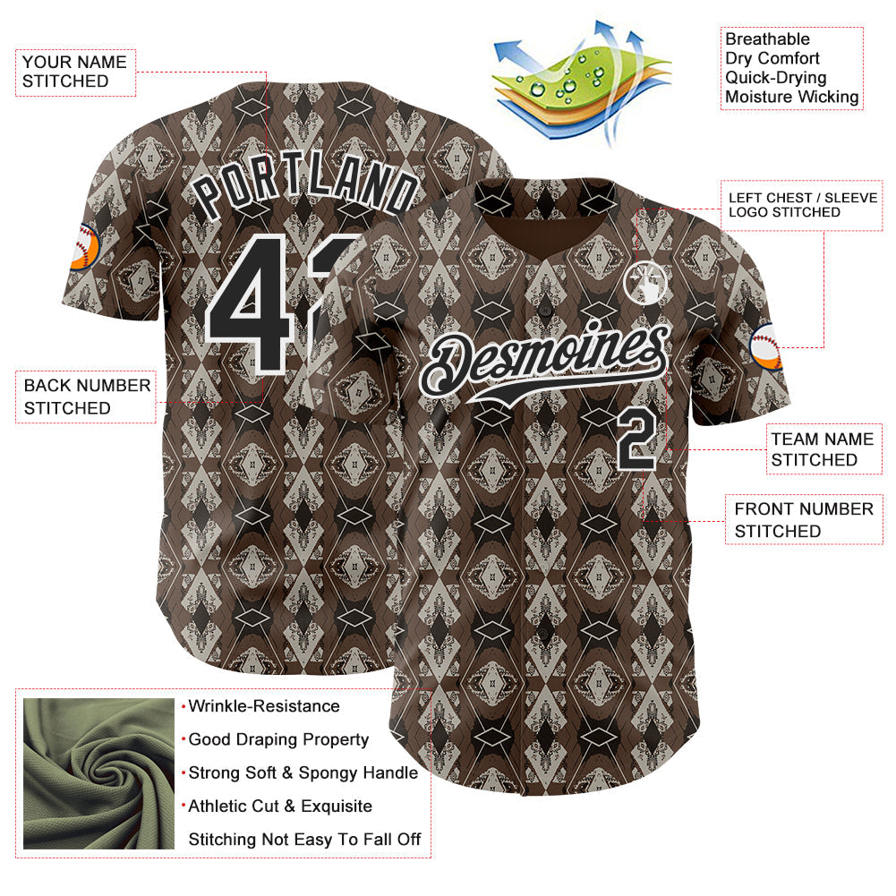 Custom Brown Black-White Geometric Ethnic Authentic Baseball Jersey
