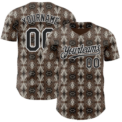 Custom Brown Black-White Geometric Ethnic Authentic Baseball Jersey