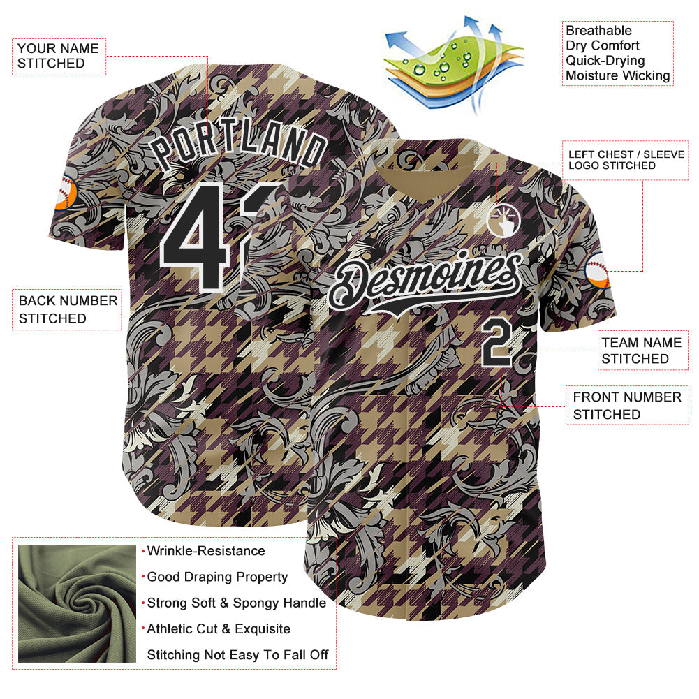 Custom Brown Black-White Baroque Floral Scroll Authentic Baseball Jersey