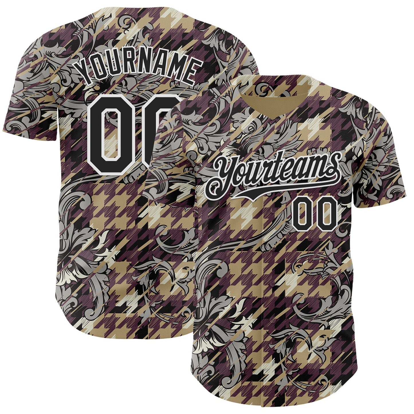 Custom Brown Black-White Baroque Floral Scroll Authentic Baseball Jersey