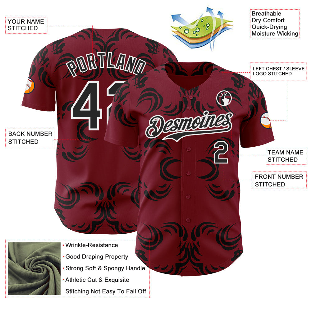 Custom Crimson Black-White Baroque Floral Scroll Authentic Baseball Jersey