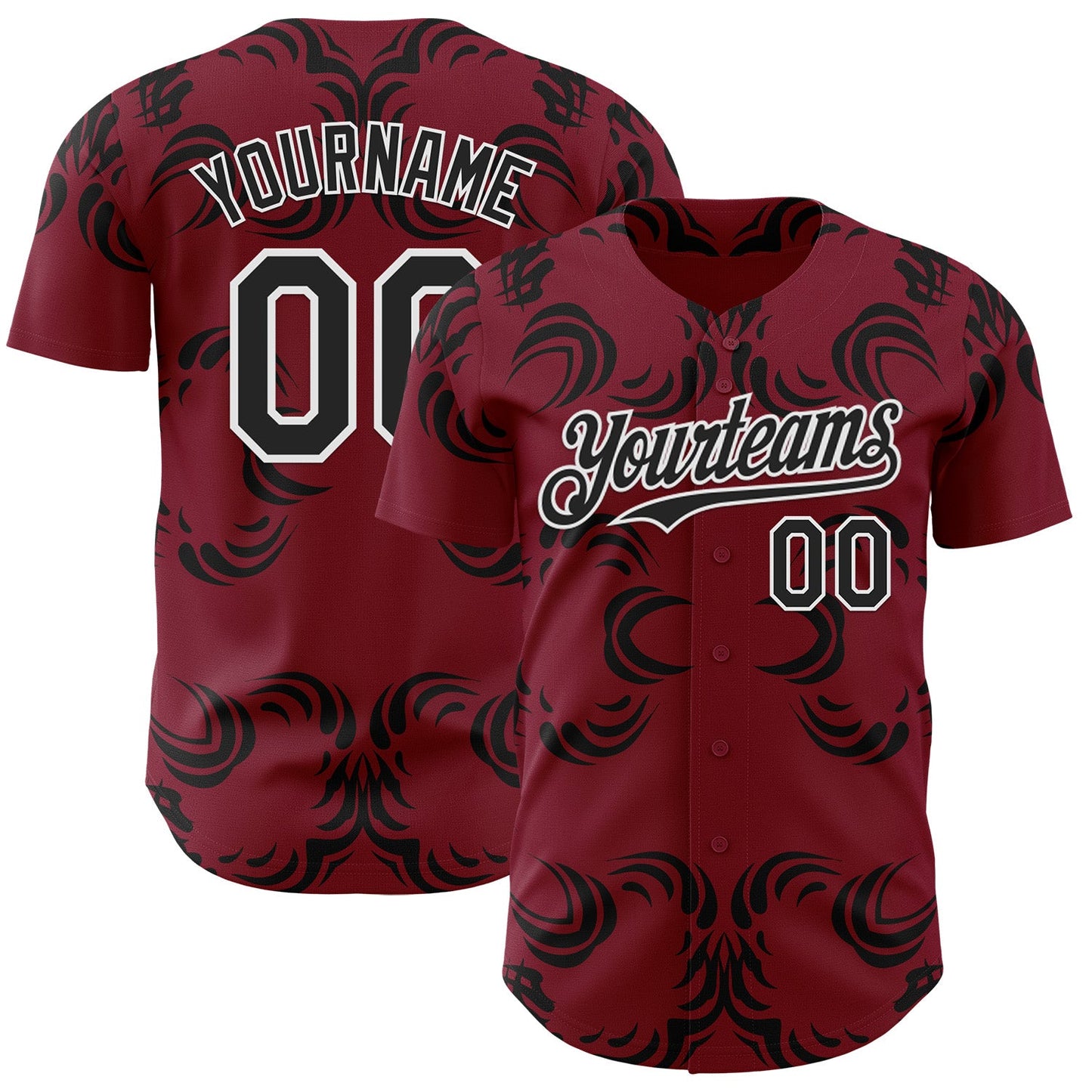 Custom Crimson Black-White Baroque Floral Scroll Authentic Baseball Jersey