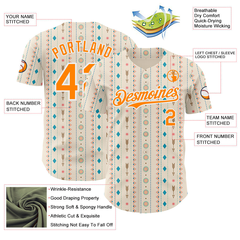 Custom Cream Bay Orange-White Geometric Ethnic Authentic Baseball Jersey