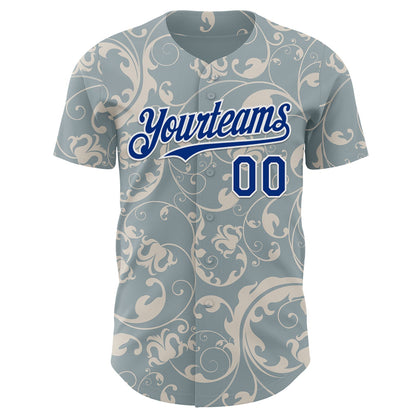 Custom Blue Royal-White Baroque Floral Scroll Authentic Baseball Jersey