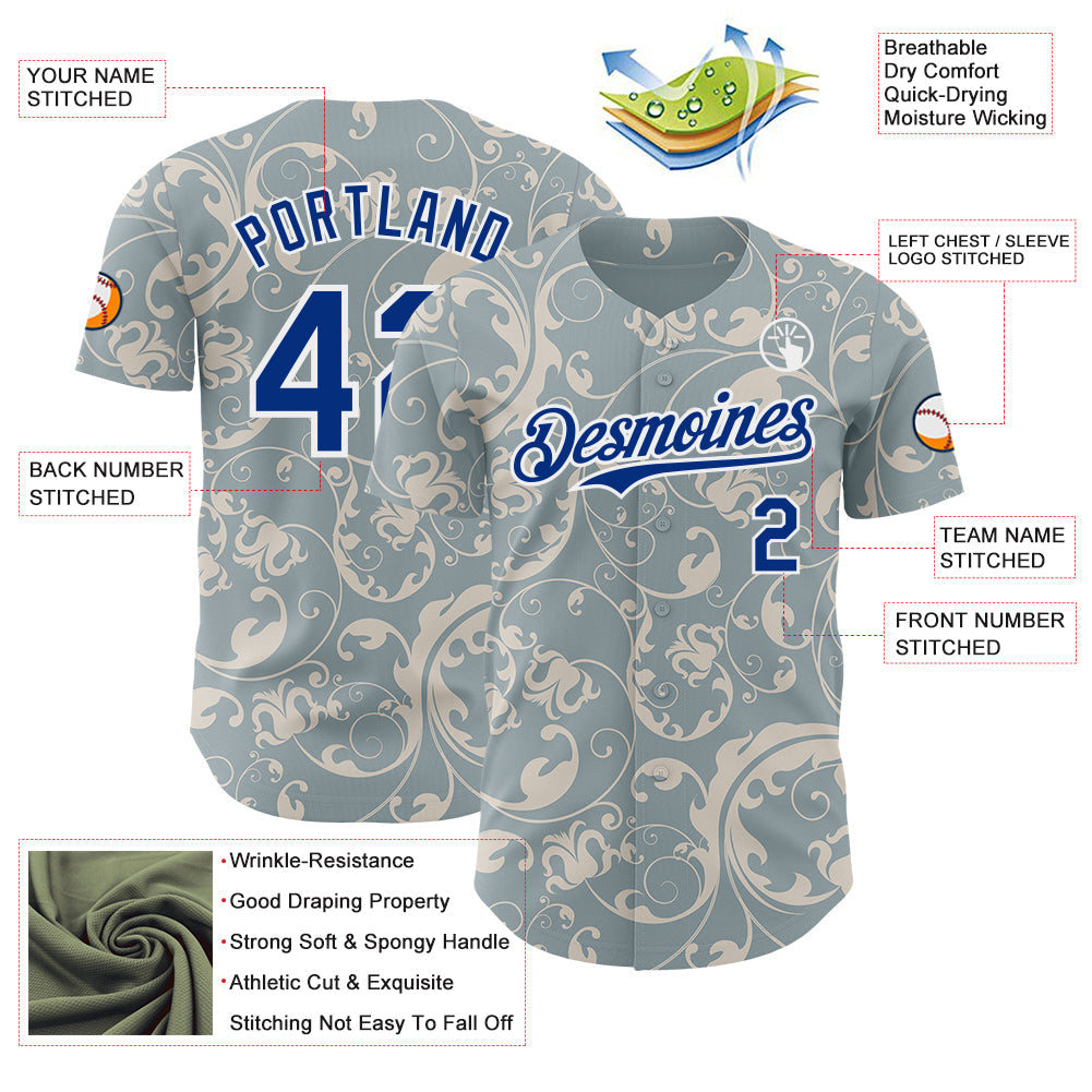 Custom Blue Royal-White Baroque Floral Scroll Authentic Baseball Jersey