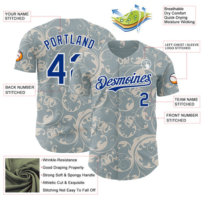 Custom Blue Royal-White Baroque Floral Scroll Authentic Baseball Jersey