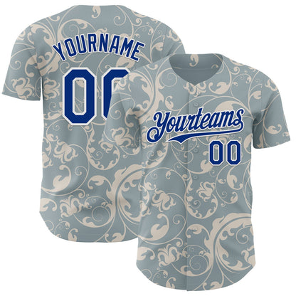 Custom Blue Royal-White Baroque Floral Scroll Authentic Baseball Jersey
