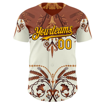 Custom Brown-Gold Baroque Floral Scroll Authentic Baseball Jersey