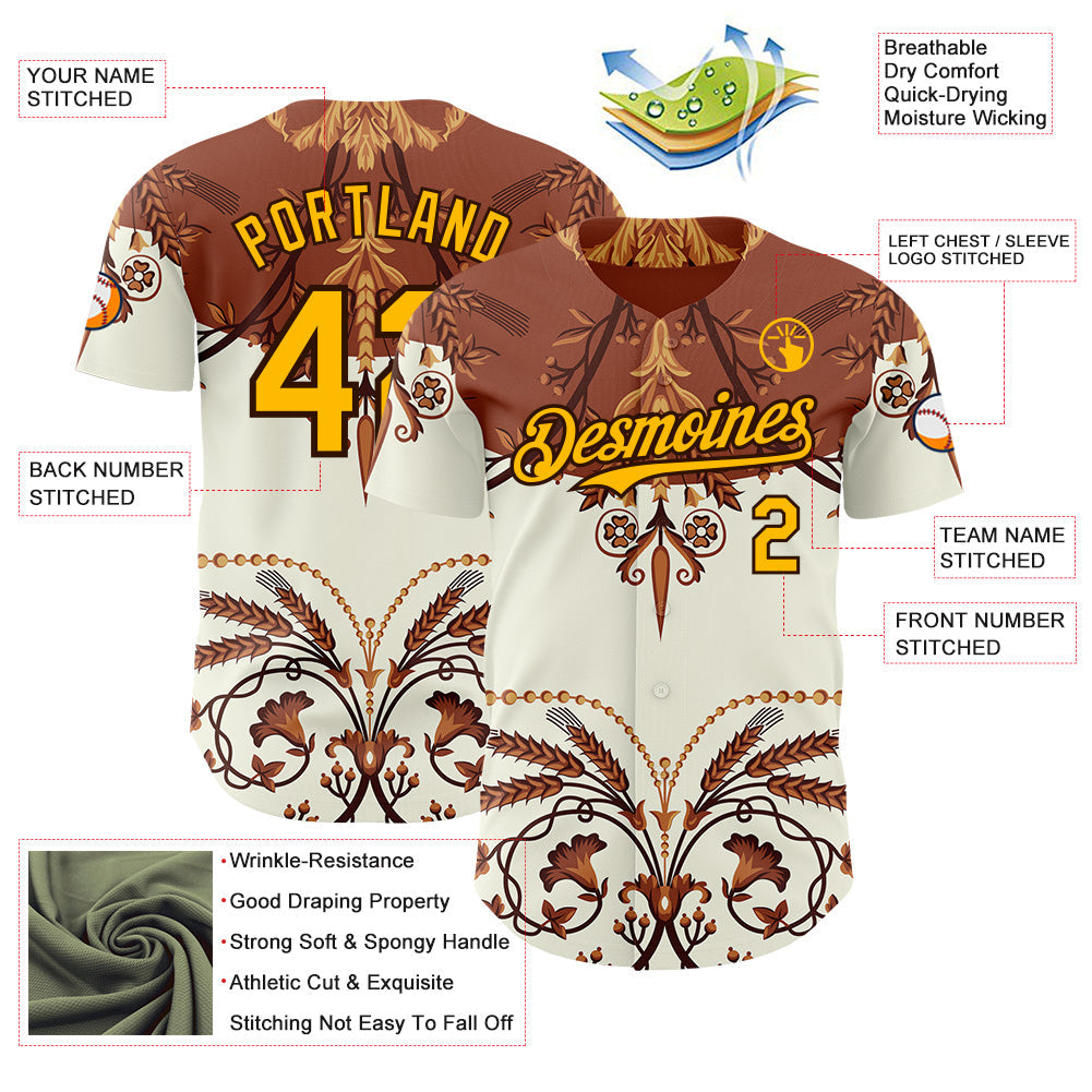 Custom Brown-Gold Baroque Floral Scroll Authentic Baseball Jersey