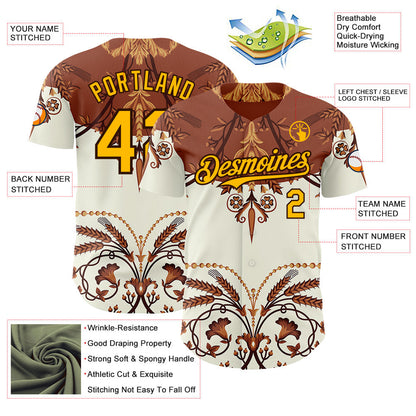 Custom Brown-Gold Baroque Floral Scroll Authentic Baseball Jersey