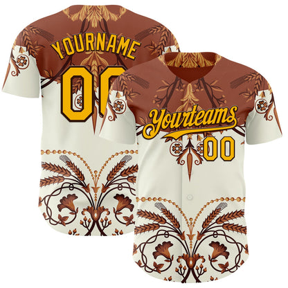 Custom Brown-Gold Baroque Floral Scroll Authentic Baseball Jersey