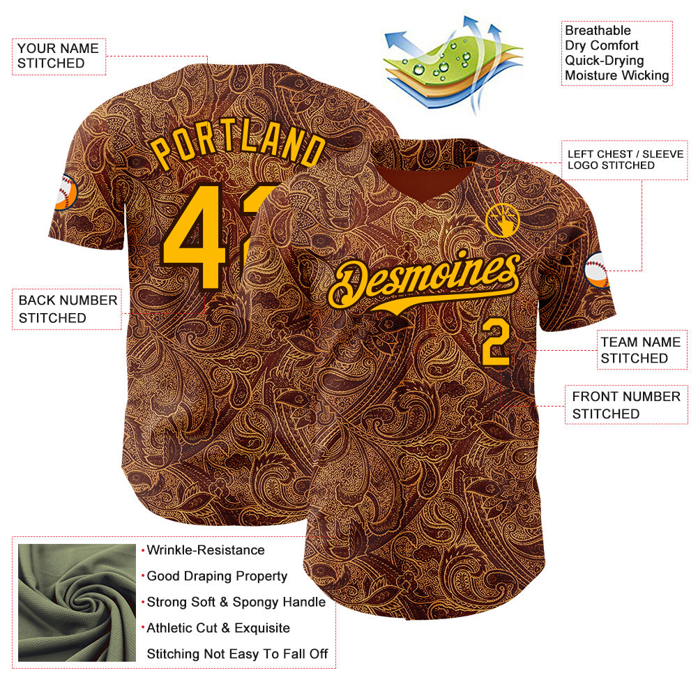 Custom Brown-Gold Baroque Floral Scroll Authentic Baseball Jersey