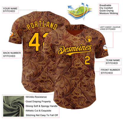 Custom Brown-Gold Baroque Floral Scroll Authentic Baseball Jersey