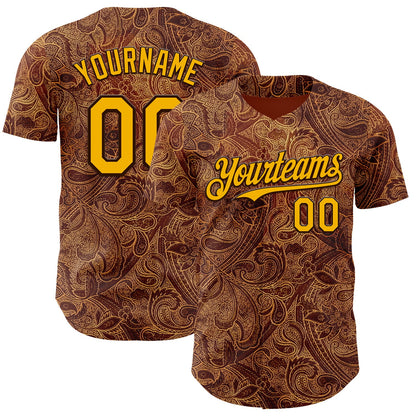 Custom Brown-Gold Baroque Floral Scroll Authentic Baseball Jersey