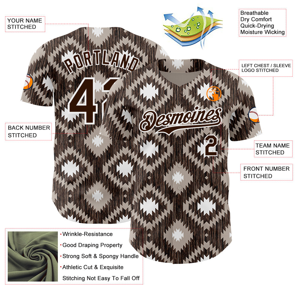 Custom Brown-White Geometric Ethnic Authentic Baseball Jersey