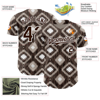 Custom Brown-White Geometric Ethnic Authentic Baseball Jersey