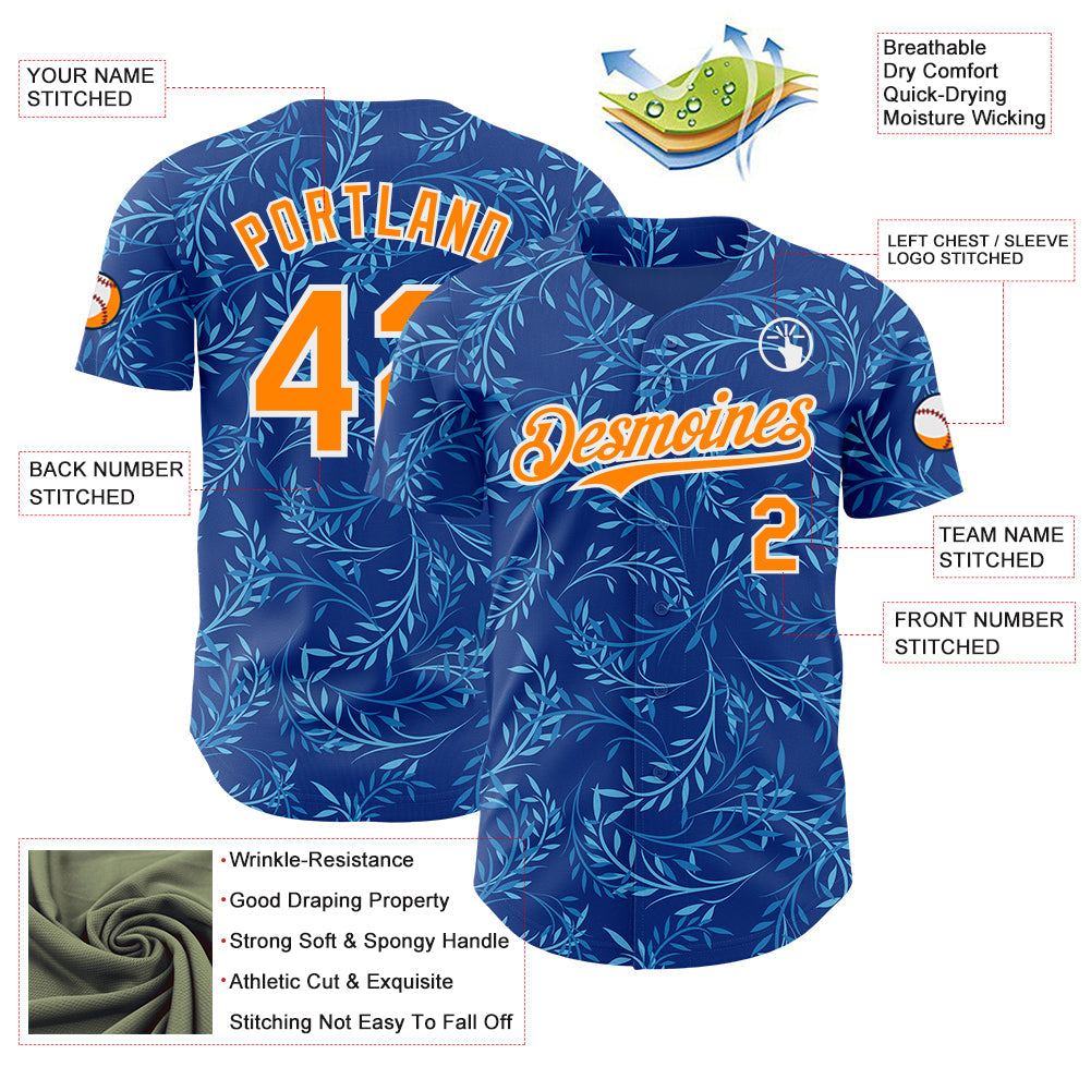 Custom Blue Bay Orange-White Baroque Floral Scroll Authentic Baseball Jersey