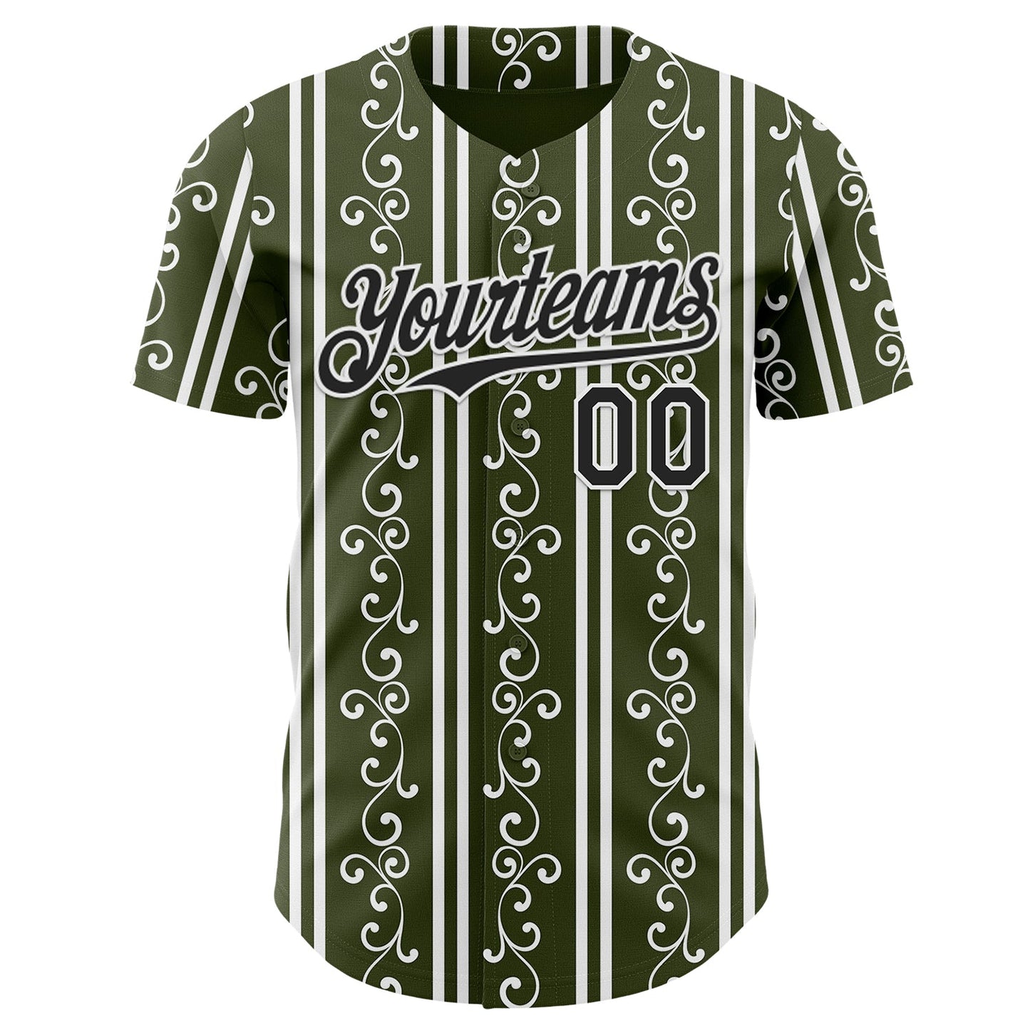 Custom Olive Black-White Baroque Floral Scroll Authentic Baseball Jersey