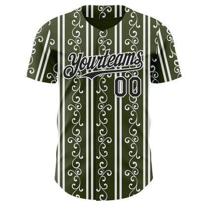Custom Olive Black-White Baroque Floral Scroll Authentic Baseball Jersey