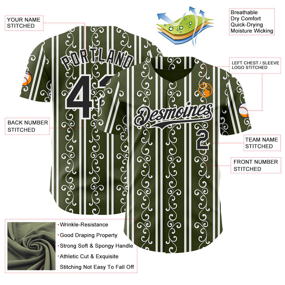 Custom Olive Black-White Baroque Floral Scroll Authentic Baseball Jersey