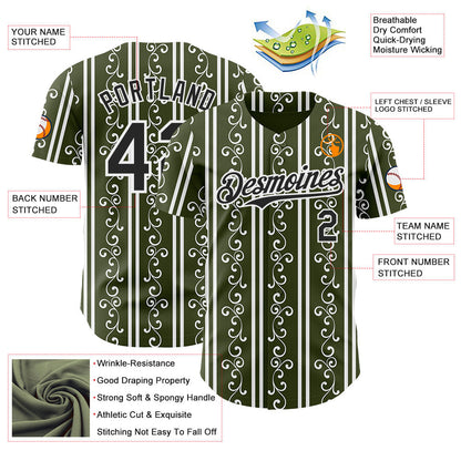 Custom Olive Black-White Baroque Floral Scroll Authentic Baseball Jersey