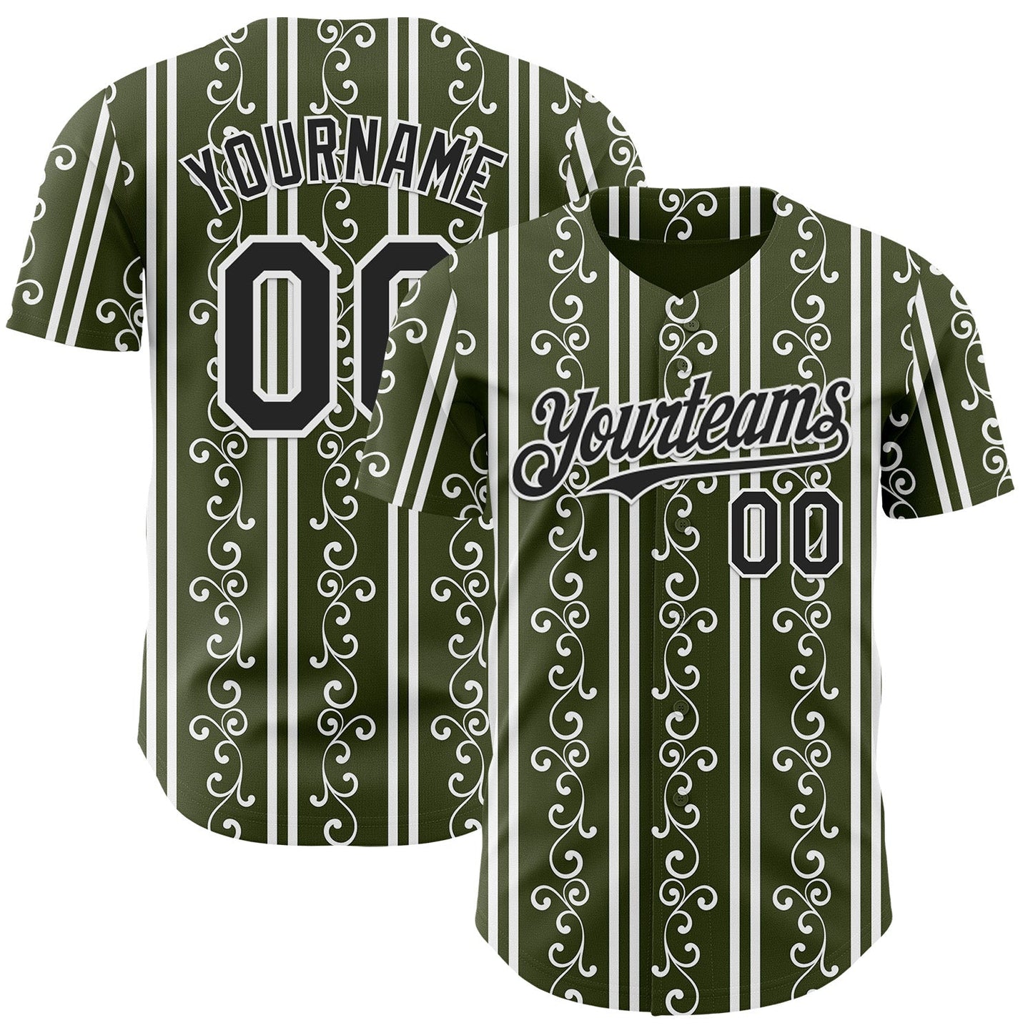 Custom Olive Black-White Baroque Floral Scroll Authentic Baseball Jersey