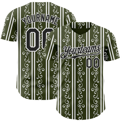 Custom Olive Black-White Baroque Floral Scroll Authentic Baseball Jersey