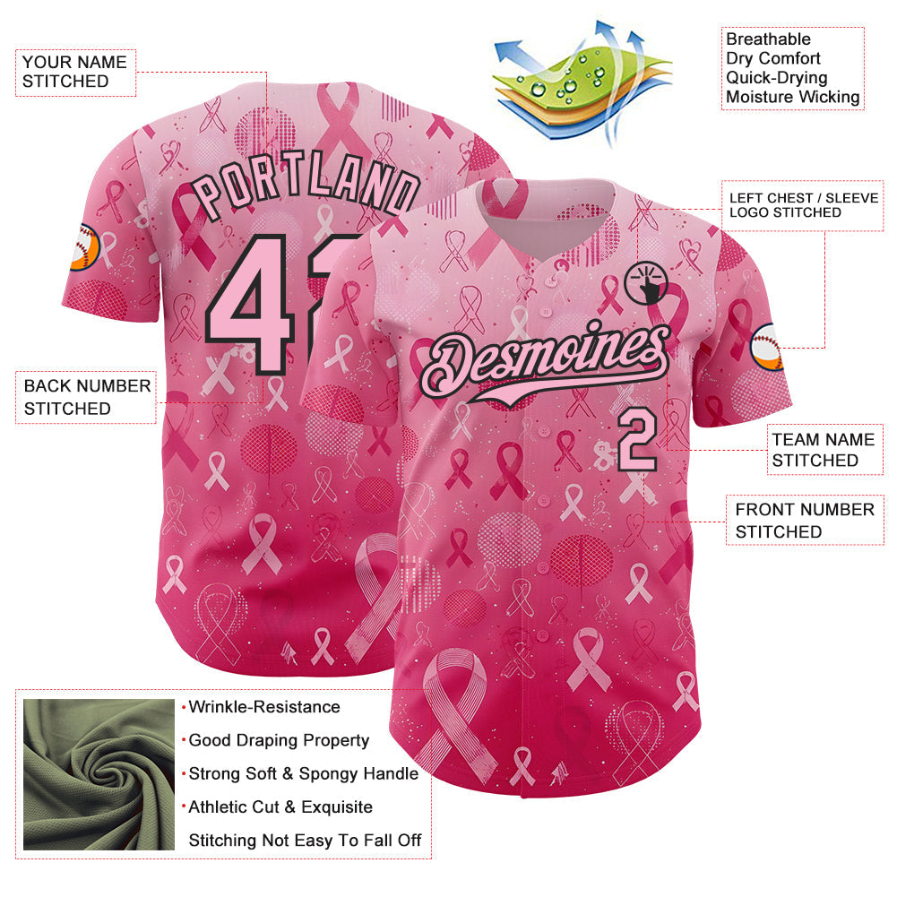 Custom Pink Light Pink-Black Breast Cancer Awareness Pink Ribbon Authentic Baseball Jersey