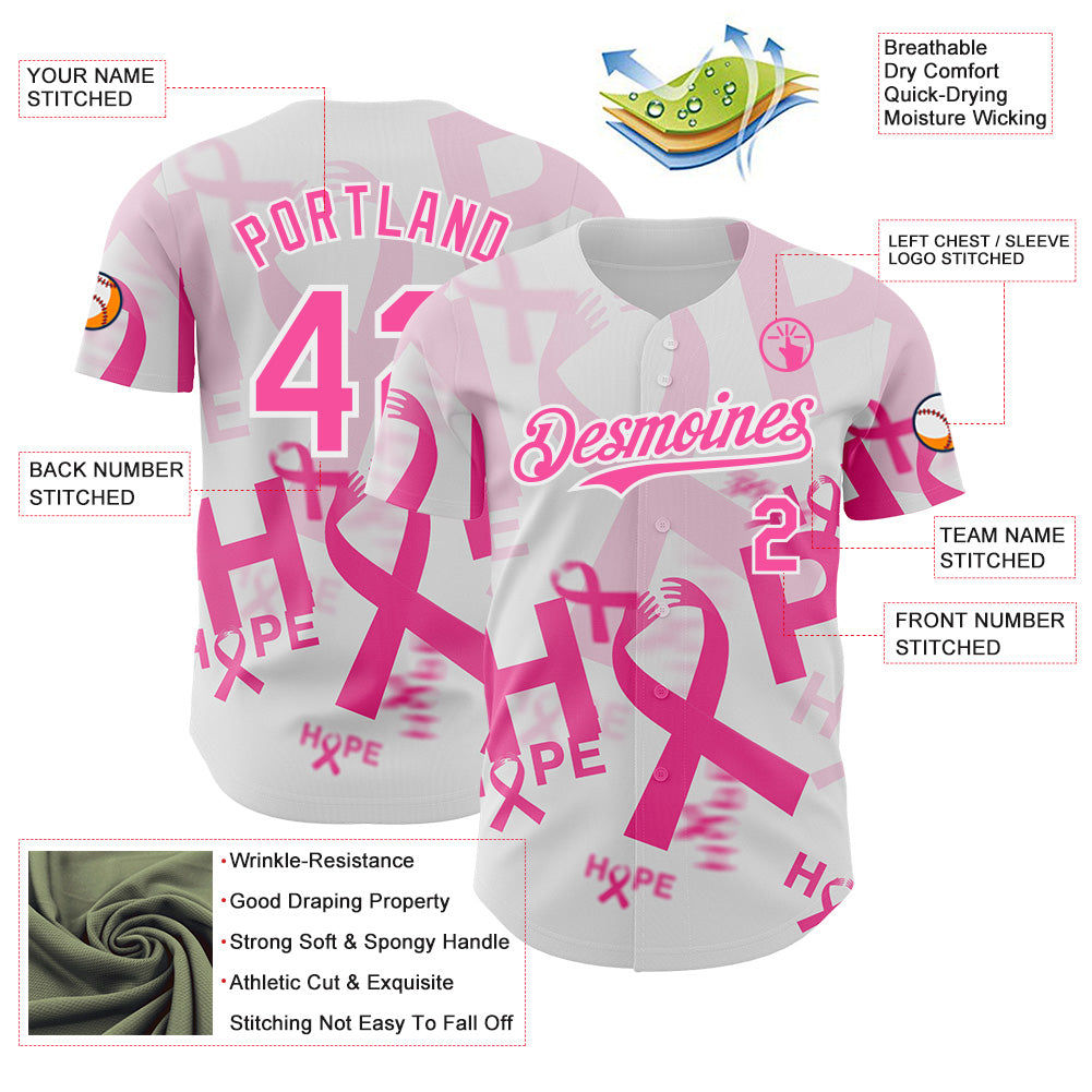 Custom White-Pink Breast Cancer Awareness Pink Ribbon Hope Authentic Baseball Jersey