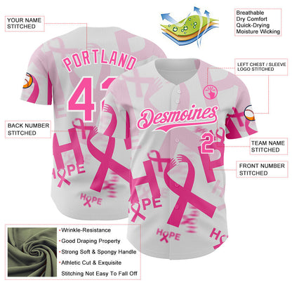 Custom White-Pink Breast Cancer Awareness Pink Ribbon Hope Authentic Baseball Jersey
