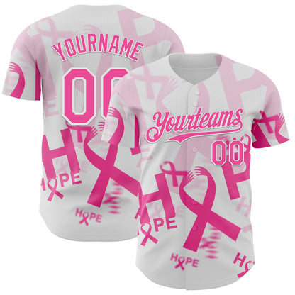 Custom White-Pink Breast Cancer Awareness Pink Ribbon Hope Authentic Baseball Jersey