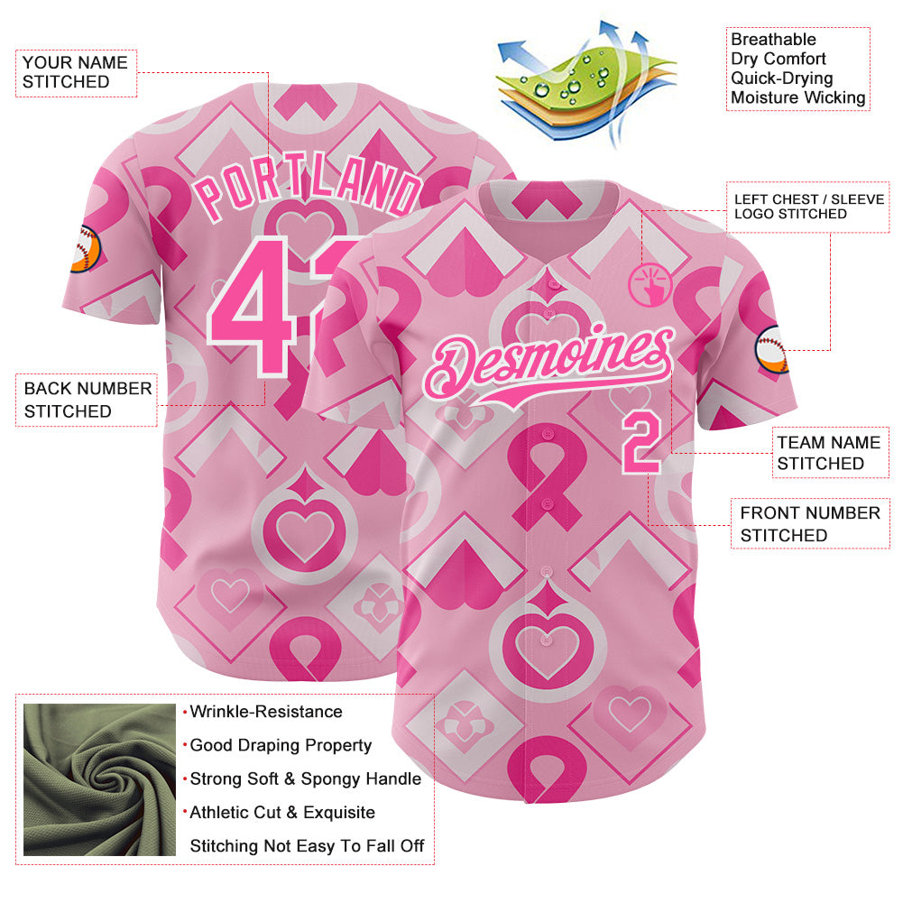 Custom Light Pink Pink-White Breast Cancer Awareness Pink Ribbon Authentic Baseball Jersey