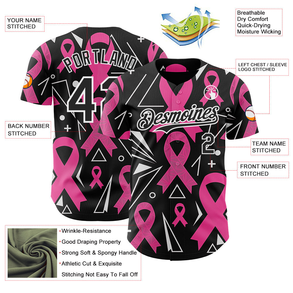 Custom Black Pink-White Breast Cancer Awareness Pink Ribbon Authentic Baseball Jersey