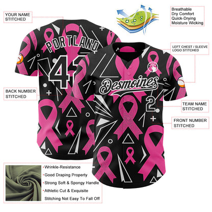 Custom Black Pink-White Breast Cancer Awareness Pink Ribbon Authentic Baseball Jersey