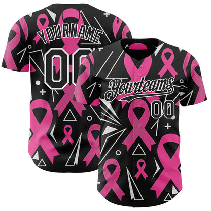 Custom Black Pink-White Breast Cancer Awareness Pink Ribbon Authentic Baseball Jersey
