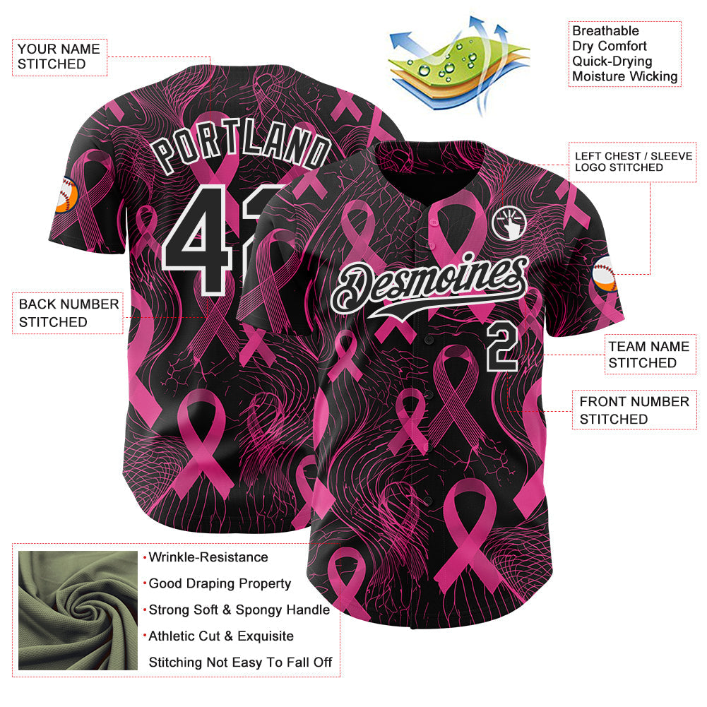 Custom Black Pink-White Breast Cancer Awareness Pink Ribbon Authentic Baseball Jersey