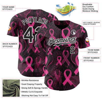 Custom Black Pink-White Breast Cancer Awareness Pink Ribbon Authentic Baseball Jersey