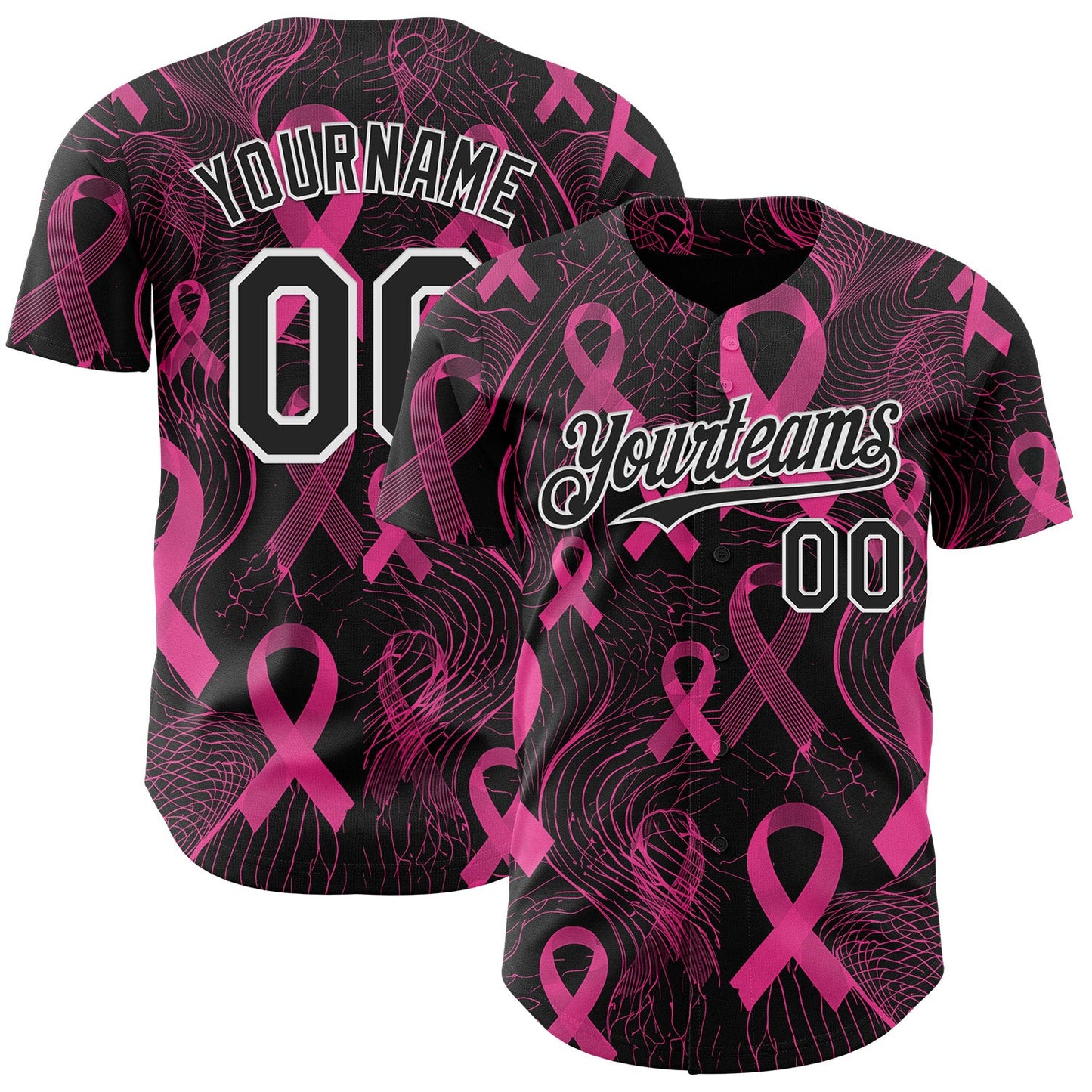 Custom Black Pink-White Breast Cancer Awareness Pink Ribbon Authentic Baseball Jersey