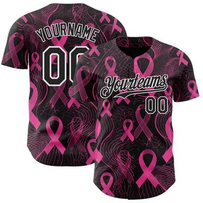 Custom Black Pink-White Breast Cancer Awareness Pink Ribbon Authentic Baseball Jersey