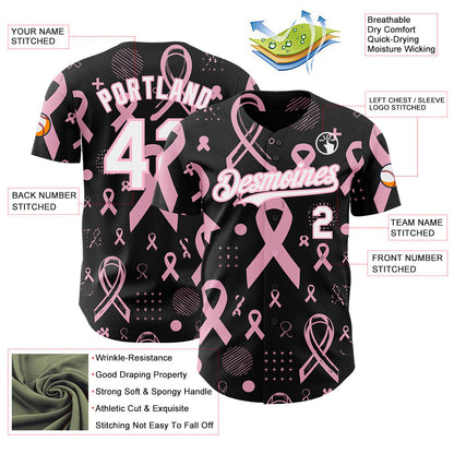 Custom Black White-Light Pink Breast Cancer Awareness Pink Ribbon Authentic Baseball Jersey