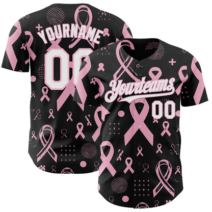 Custom Black White-Light Pink Breast Cancer Awareness Pink Ribbon Authentic Baseball Jersey
