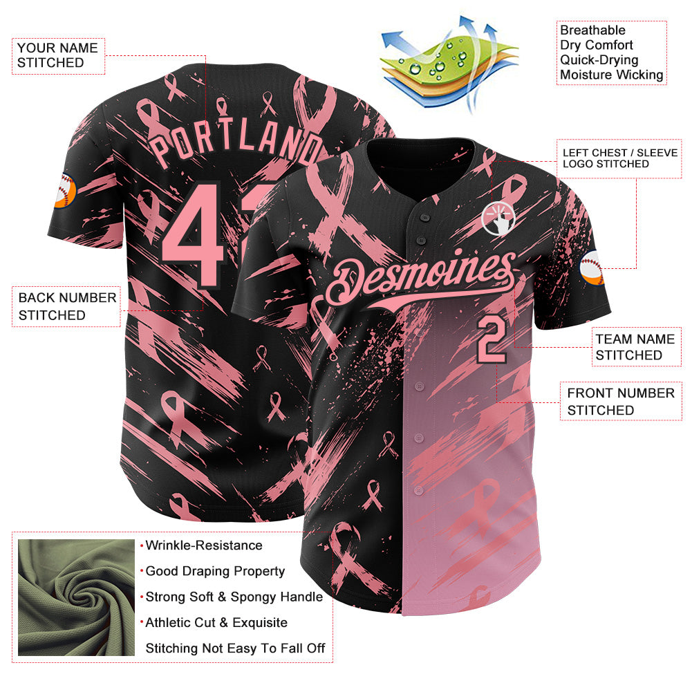 Custom Black-Medium Pink Breast Cancer Awareness Fight Pink Ribbon Authentic Baseball Jersey