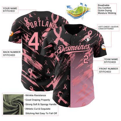 Custom Black-Medium Pink Breast Cancer Awareness Fight Pink Ribbon Authentic Baseball Jersey