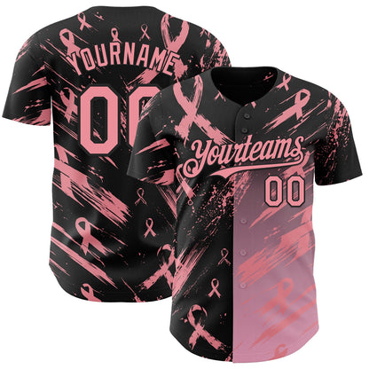 Custom Black-Medium Pink Breast Cancer Awareness Fight Pink Ribbon Authentic Baseball Jersey