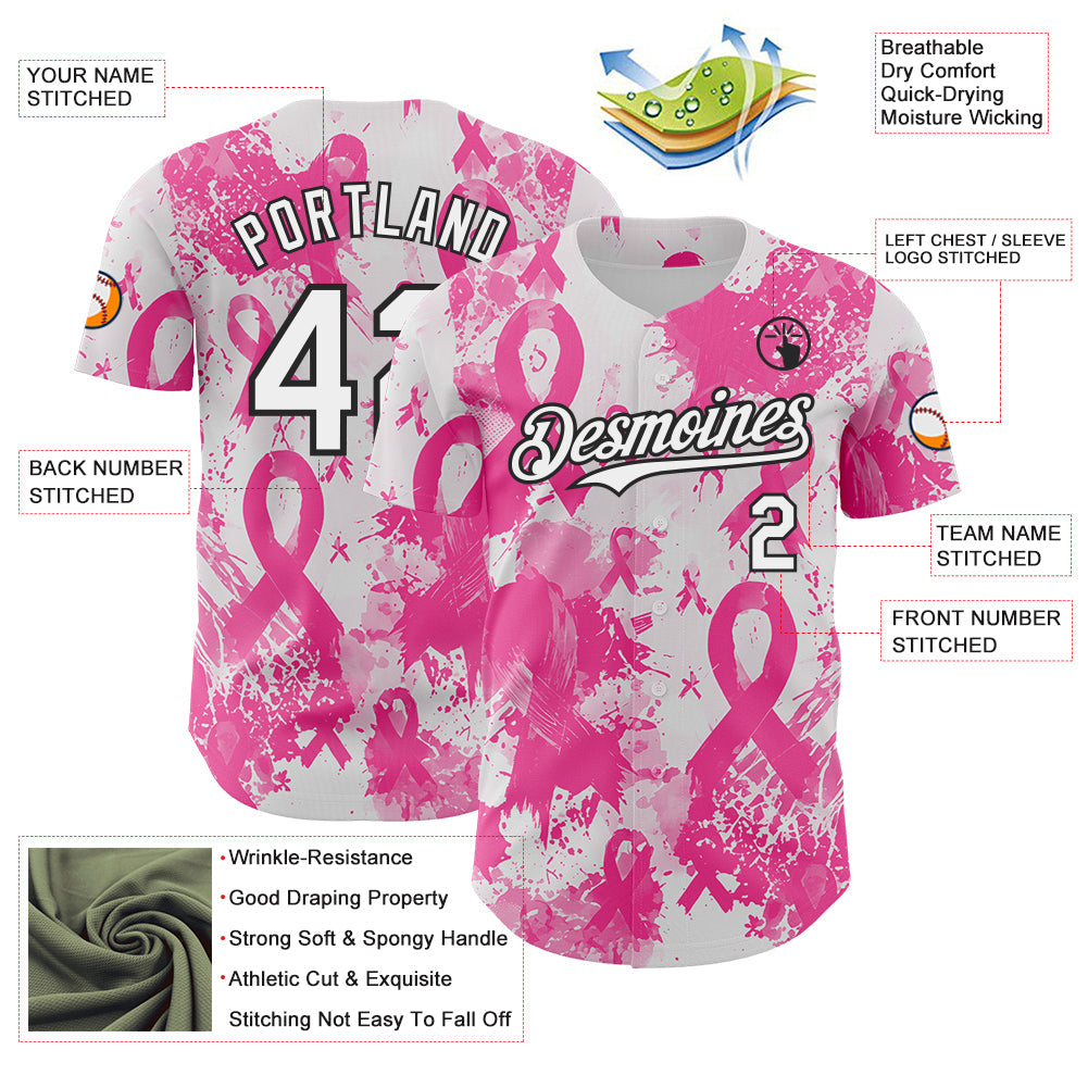 Custom White Pink-Black Breast Cancer Awareness Fight Pink Ribbon Authentic Baseball Jersey
