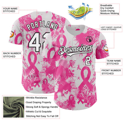 Custom White Pink-Black Breast Cancer Awareness Fight Pink Ribbon Authentic Baseball Jersey