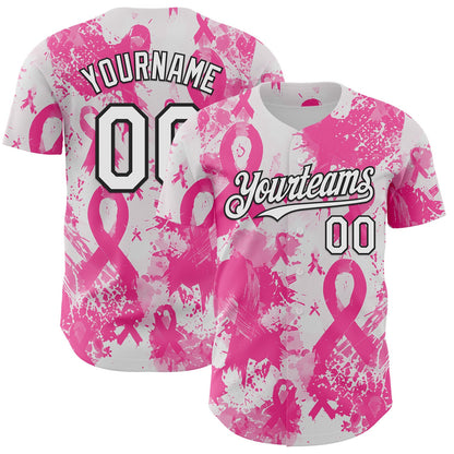 Custom White Pink-Black Breast Cancer Awareness Fight Pink Ribbon Authentic Baseball Jersey