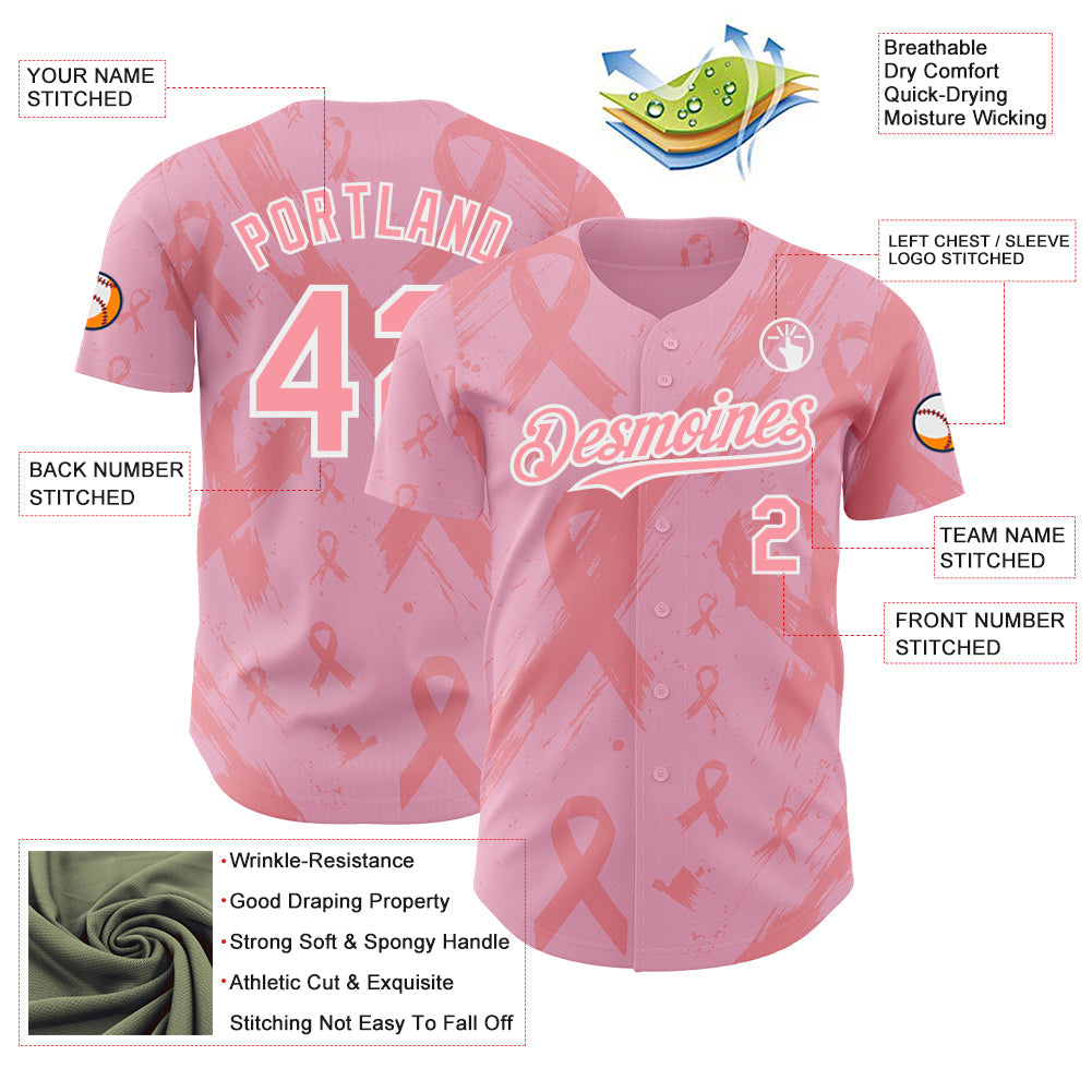 Custom Light Pink Medium Pink-White Breast Cancer Awareness Fight Pink Ribbon Authentic Baseball Jersey